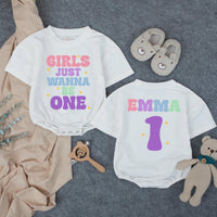 Customized Girls Just Wanna Be One Birthday Outfit with Retro Pastel Design, Custom Name Baby Girl Romper for 1st Birthday Celebration