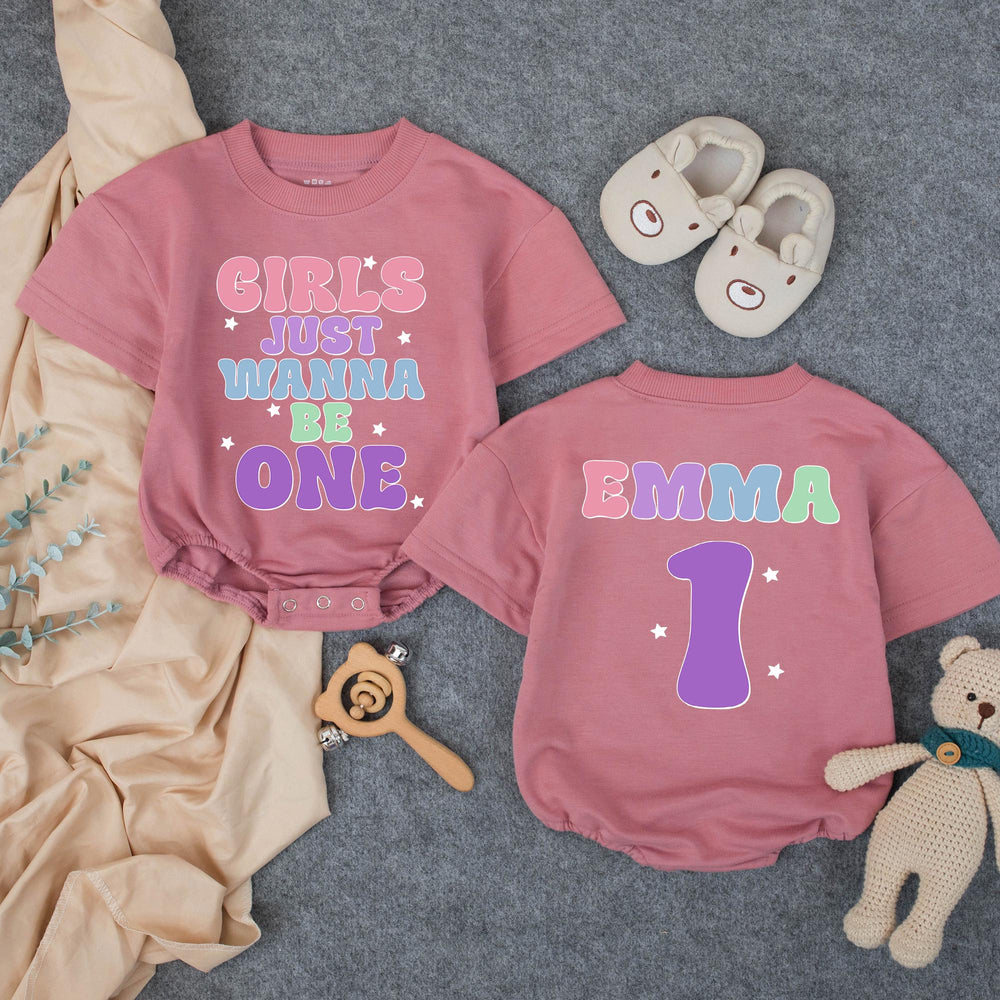 Customized Girls Just Wanna Be One Birthday Outfit with Retro Pastel Design, Custom Name Baby Girl Romper for 1st Birthday Celebration