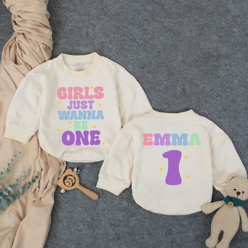 Customized Girls Just Wanna Be One Birthday Outfit with Retro Pastel Design, Custom Name Baby Girl Romper for 1st Birthday Celebration