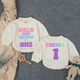 Customized Girls Just Wanna Be One Birthday Outfit with Retro Pastel Design, Custom Name Baby Girl Romper for 1st Birthday Celebration