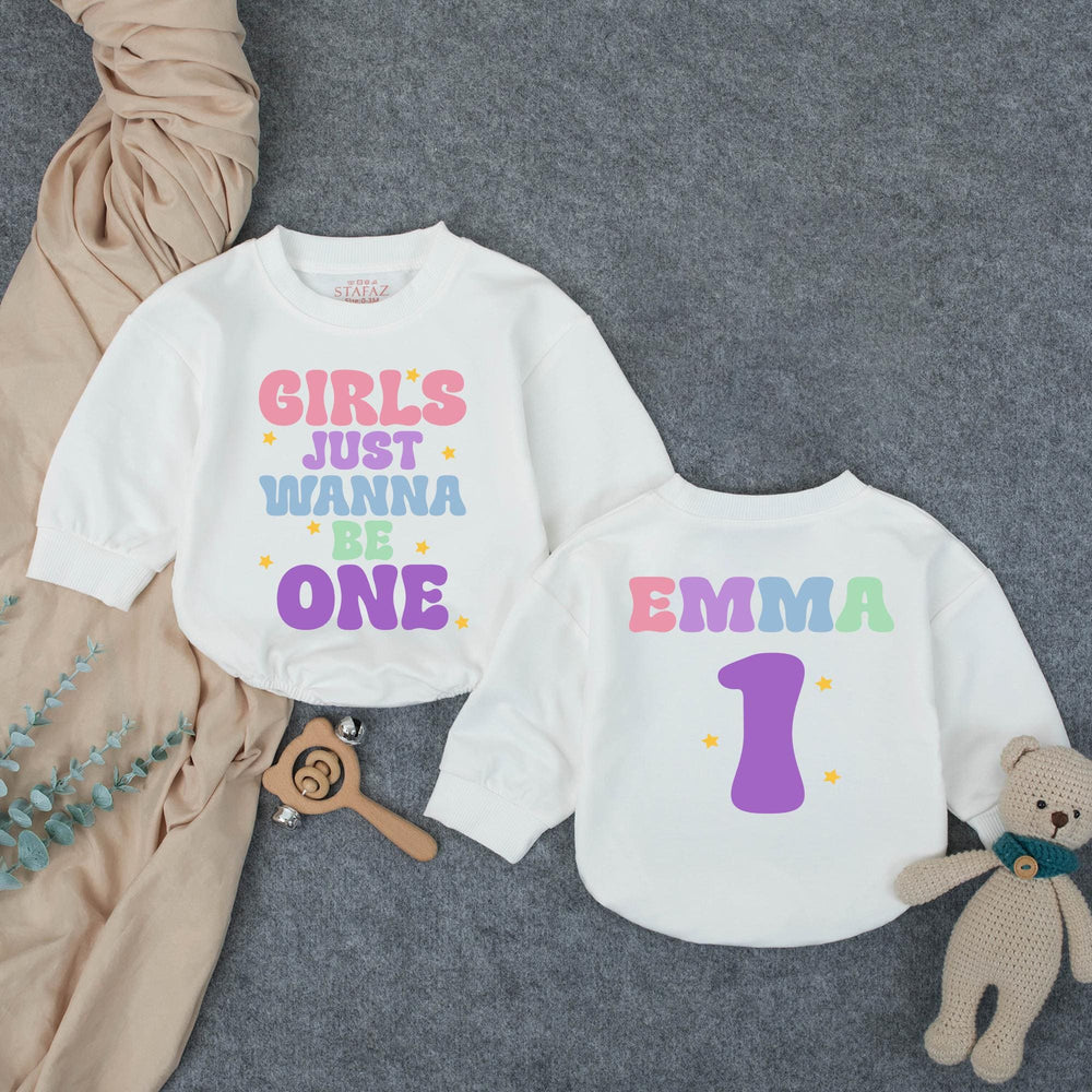 Customized Girls Just Wanna Be One Birthday Outfit with Retro Pastel Design, Custom Name Baby Girl Romper for 1st Birthday Celebration