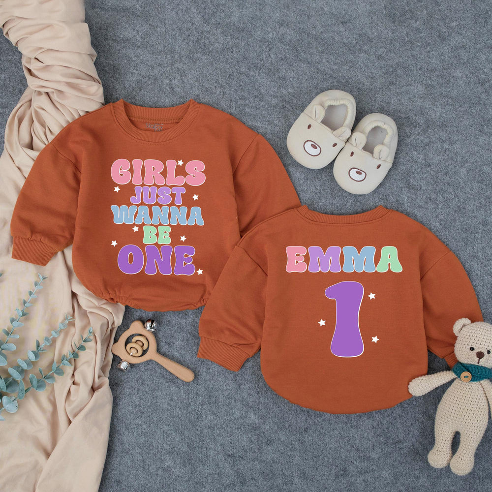 Customized Girls Just Wanna Be One Birthday Outfit with Retro Pastel Design, Custom Name Baby Girl Romper for 1st Birthday Celebration