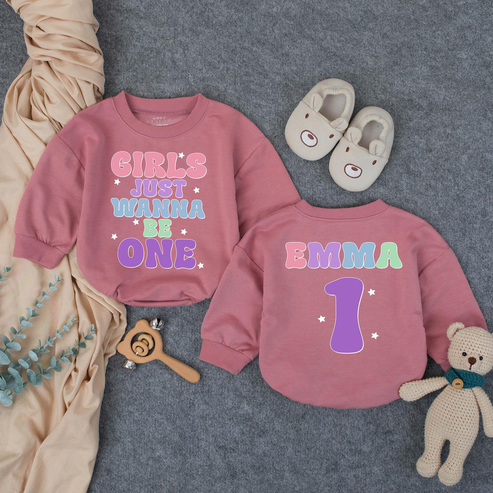 Customized Girls Just Wanna Be One Birthday Outfit with Retro Pastel Design, Custom Name Baby Girl Romper for 1st Birthday Celebration