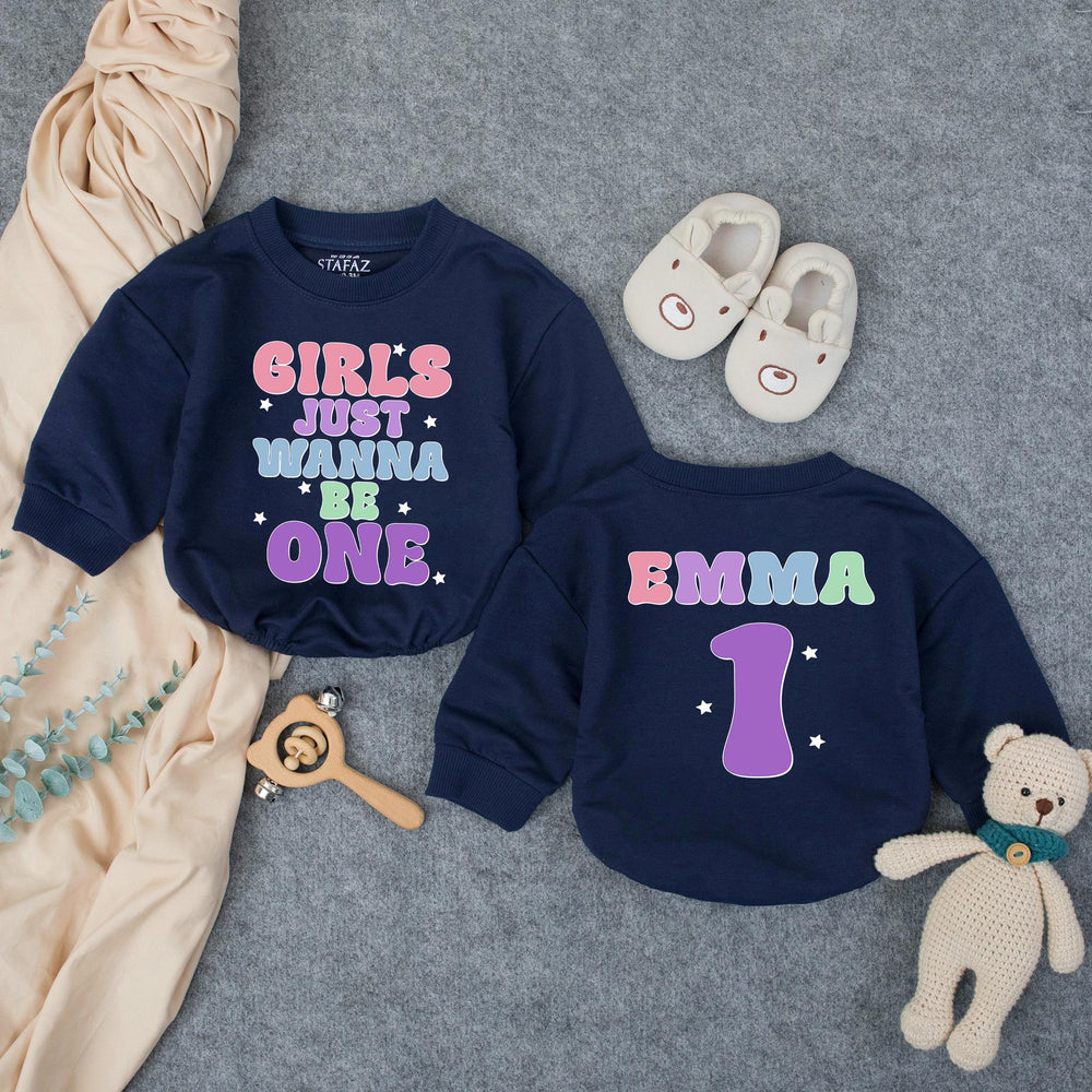 Customized Girls Just Wanna Be One Birthday Outfit with Retro Pastel Design, Custom Name Baby Girl Romper for 1st Birthday Celebration
