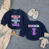 Customized Girls Just Wanna Be One Birthday Outfit with Retro Pastel Design, Custom Name Baby Girl Romper for 1st Birthday Celebration