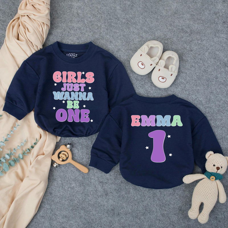 Customized Girls Just Wanna Be One Birthday Outfit with Retro Pastel Design, Custom Name Baby Girl Romper for 1st Birthday Celebration