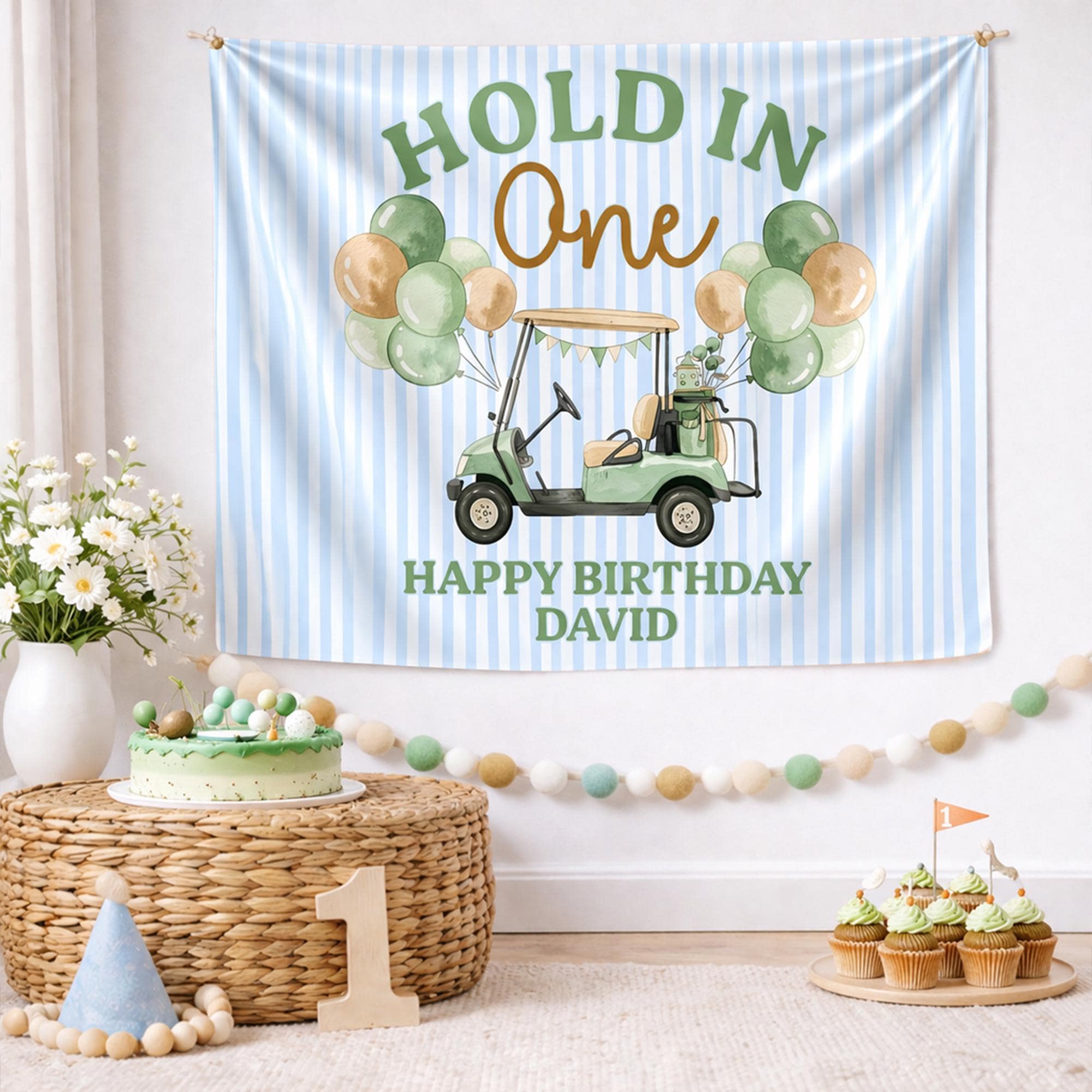 Customized Golf Birthday Banner for Boys, Light Blue Striped Backdrop with Green Golf Cart, Personalized 1st Birthday Party Decoration