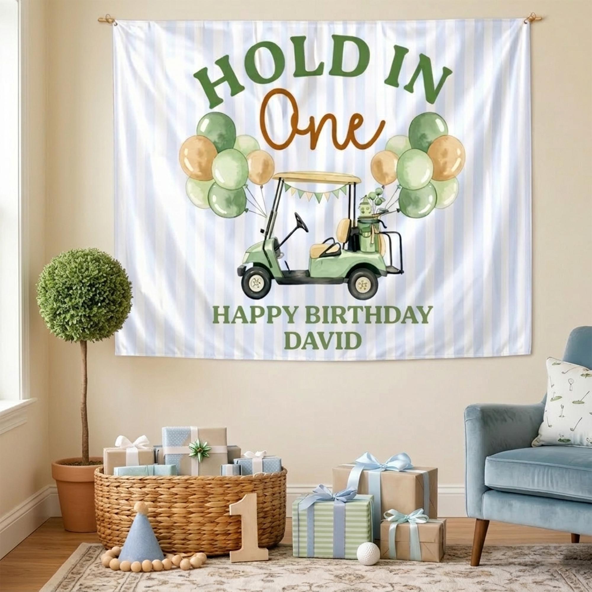 Customized Golf Birthday Banner for Boys, Light Blue Striped Backdrop with Green Golf Cart, Personalized 1st Birthday Party Decoration