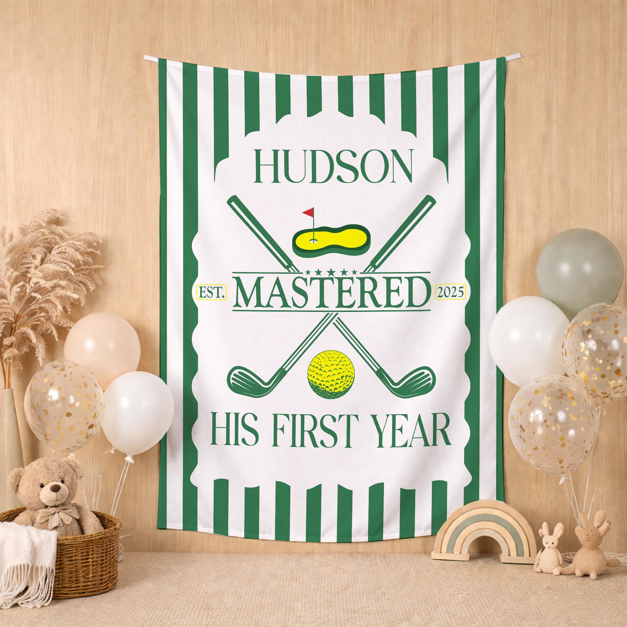 Customized Golf First Birthday Banner with Name Hudson, Green and White Striped Party Sign, Hole in One Decor for Baby Boy Celebration