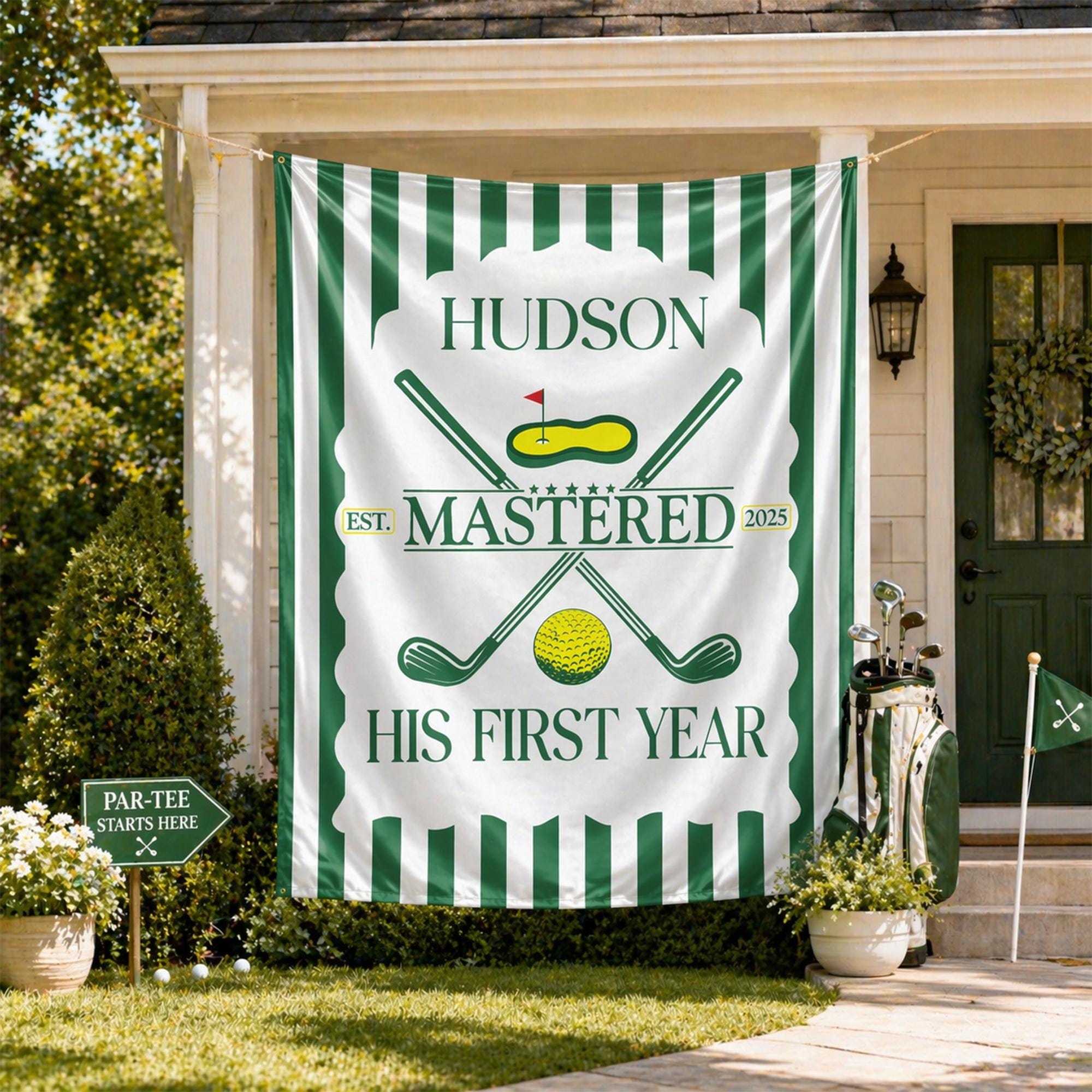 Customized Golf First Birthday Banner with Name Hudson, Green and White Striped Party Sign, Hole in One Decor for Baby Boy Celebration