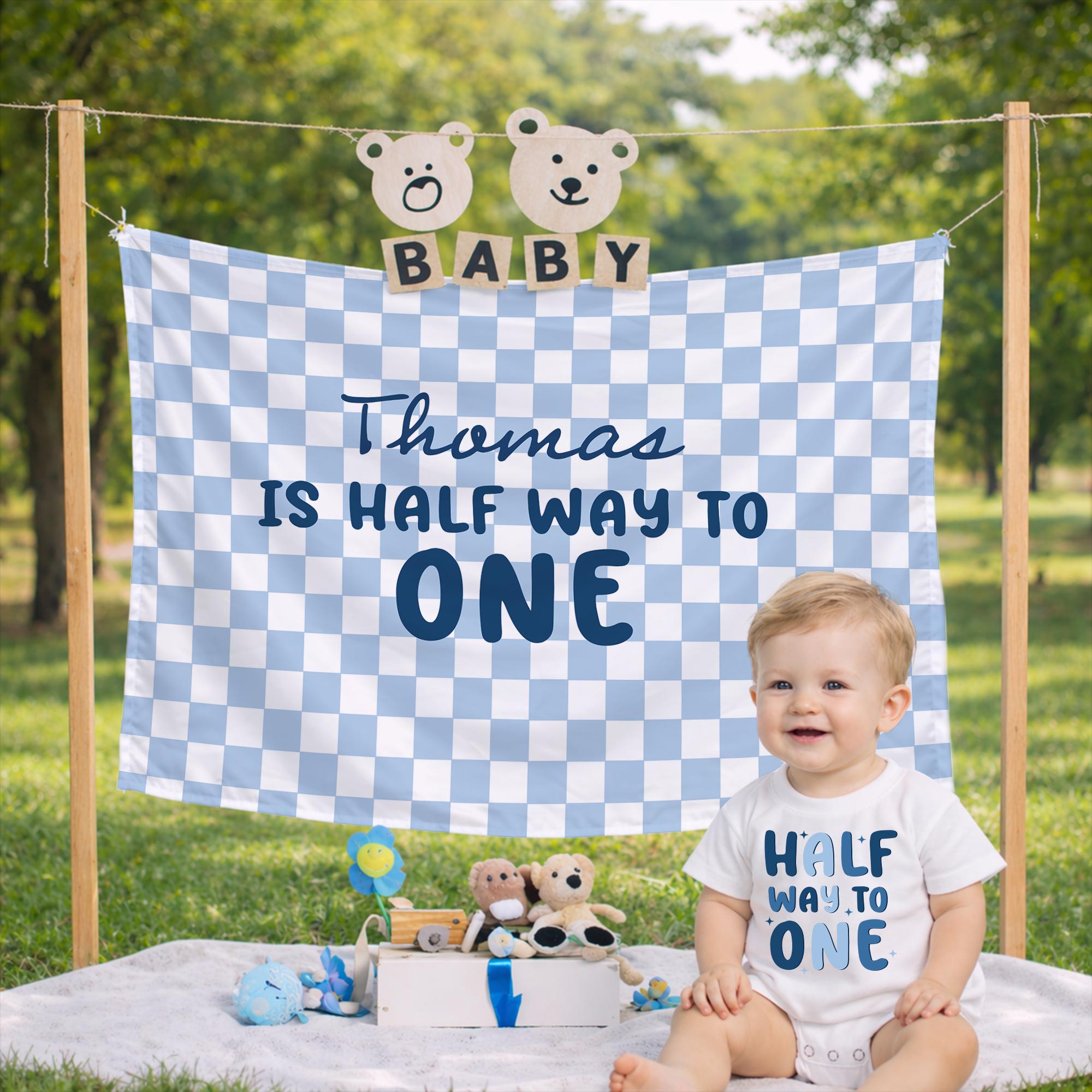 Customized Half Way to One Baby Romper with Blue Shades Design 6 Month Half Birthday Outfit Soft Cotton for Boys or Girls Party Gift
