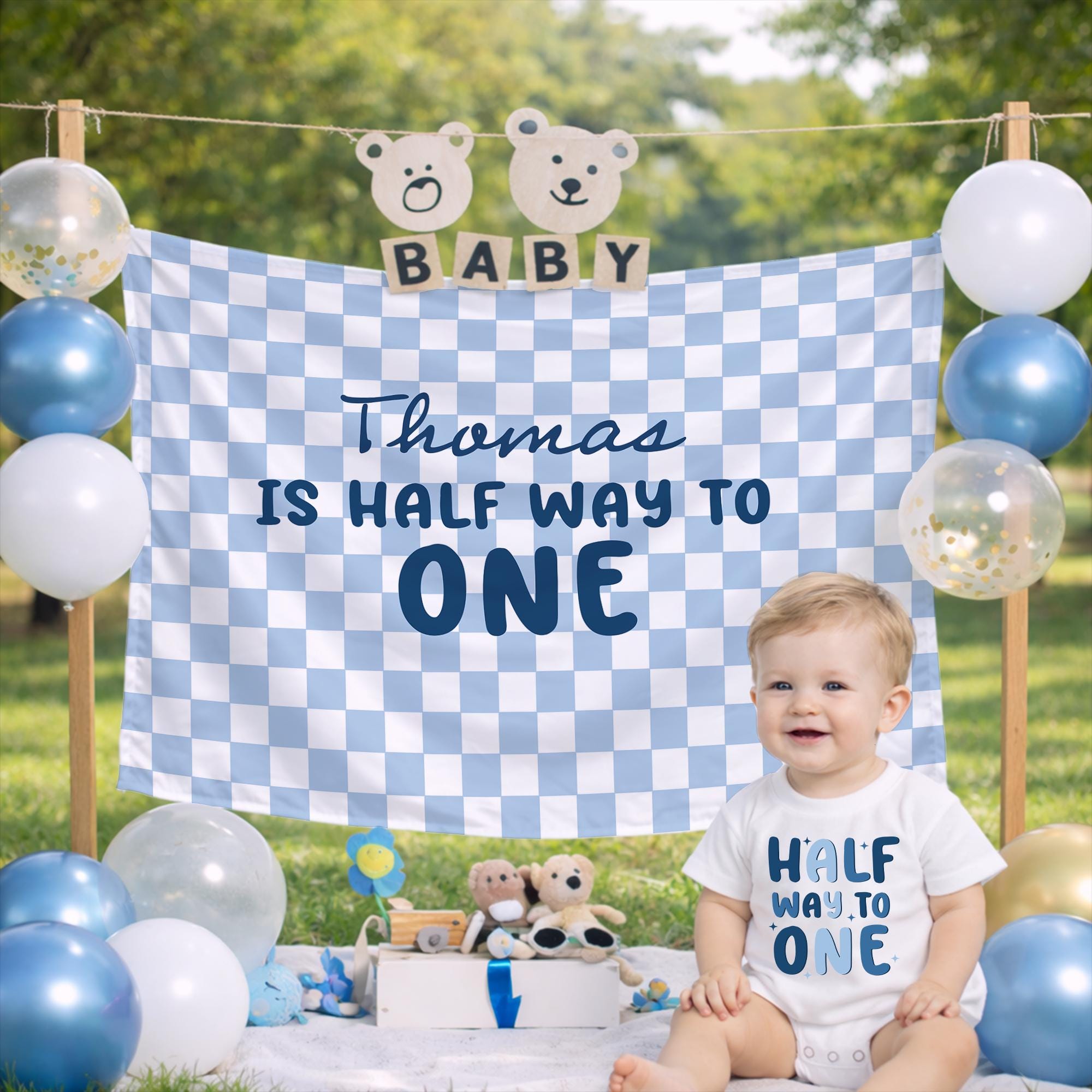 Customized Half Way to One Baby Romper with Blue Shades Design 6 Month Half Birthday Outfit Soft Cotton for Boys or Girls Party Gift