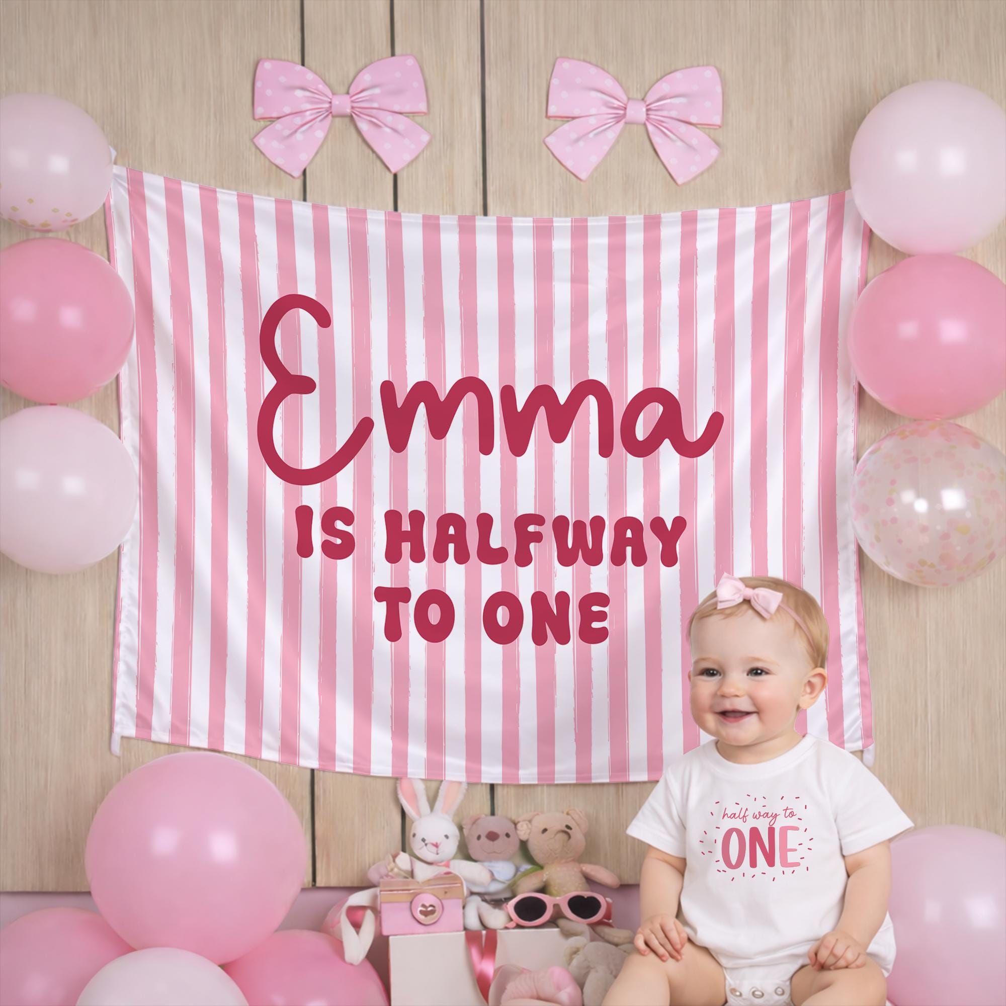 Customized Half Way to One Silk Birthday Banner for Baby Girls 6 Month Milestone, Pink Dot Design, Half Birthday Party Decor Keepsake