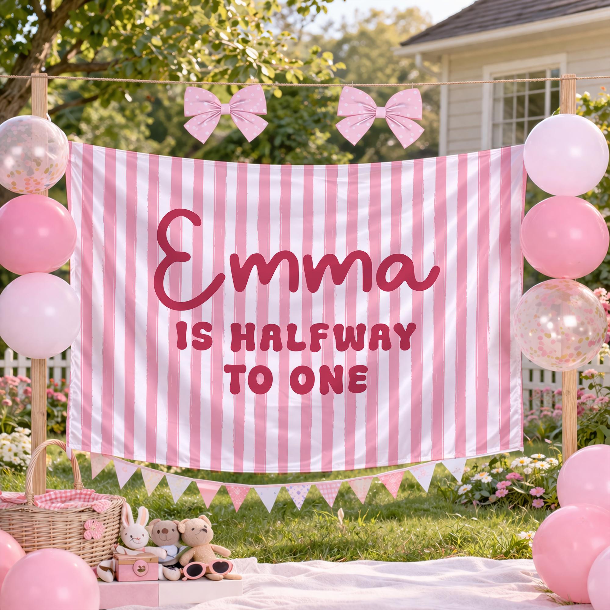 Customized Half Way to One Silk Birthday Banner for Baby Girls 6 Month Milestone, Pink Dot Design, Half Birthday Party Decor Keepsake