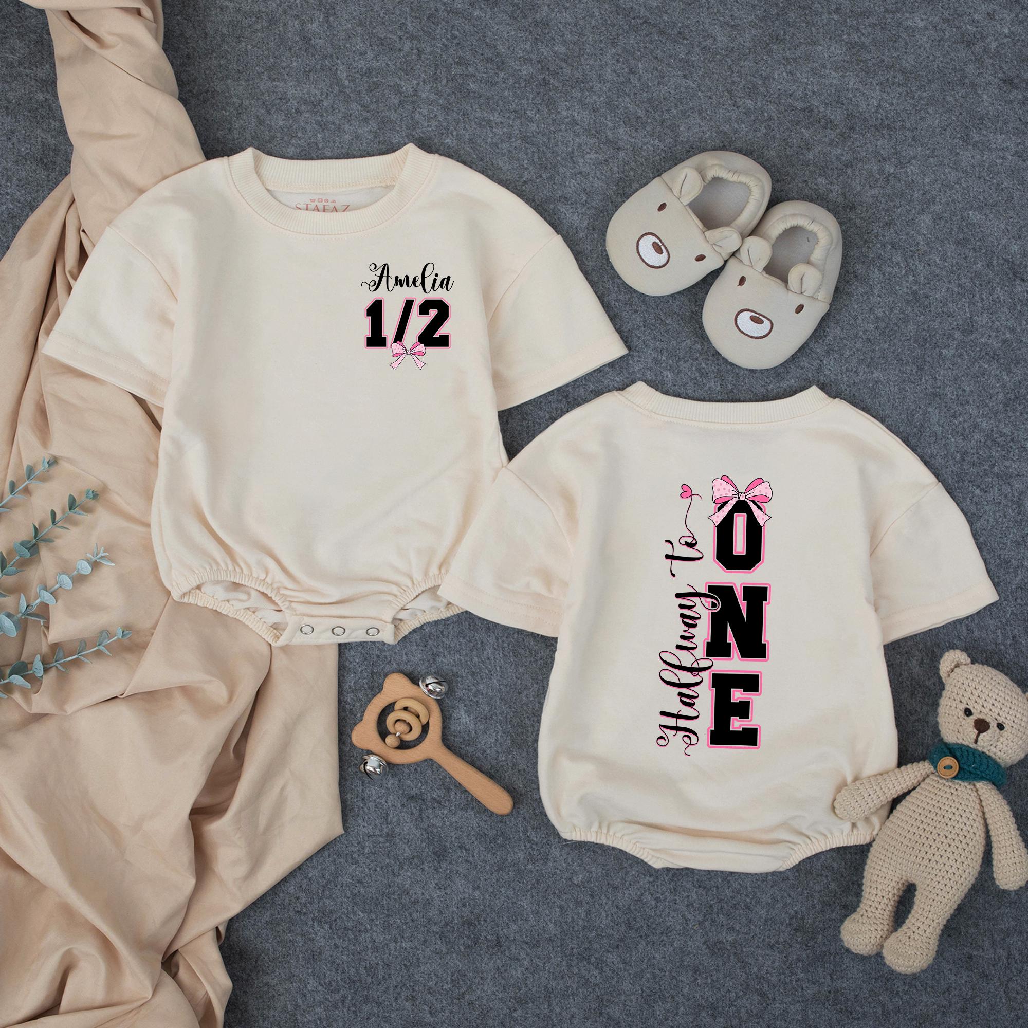 Customized Halfway to One Baby Girl Romper Pink Bow Birthday Outfit Infant 6 Month Cake Smash Clothes Modern Feminine Milestone Gift