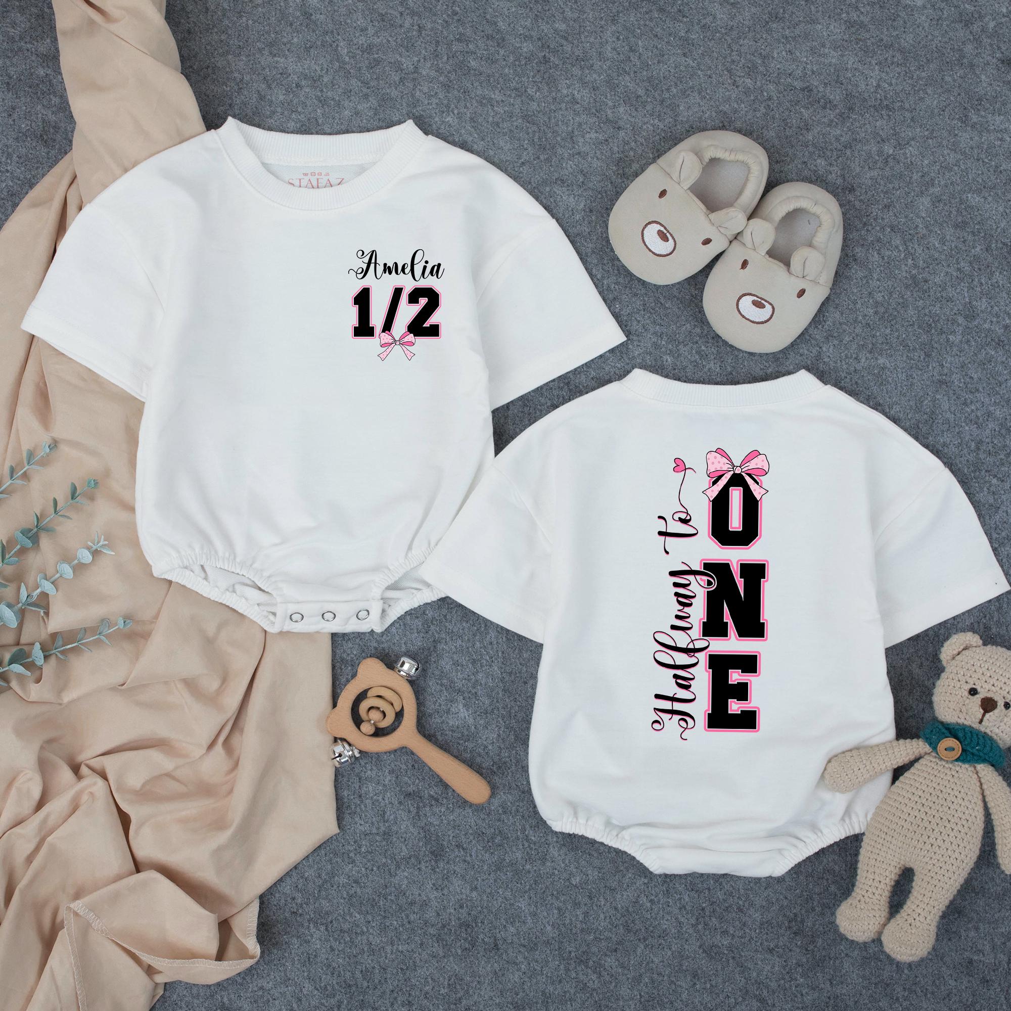 Customized Halfway to One Baby Girl Romper Pink Bow Birthday Outfit Infant 6 Month Cake Smash Clothes Modern Feminine Milestone Gift