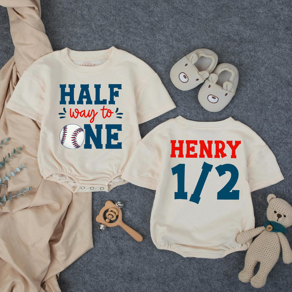 Customized Halfway to One Baseball Baby Romper with Name, Half Birthday Boy Outfit, Navy Red 6 Months Milestone Bodysuit Gift