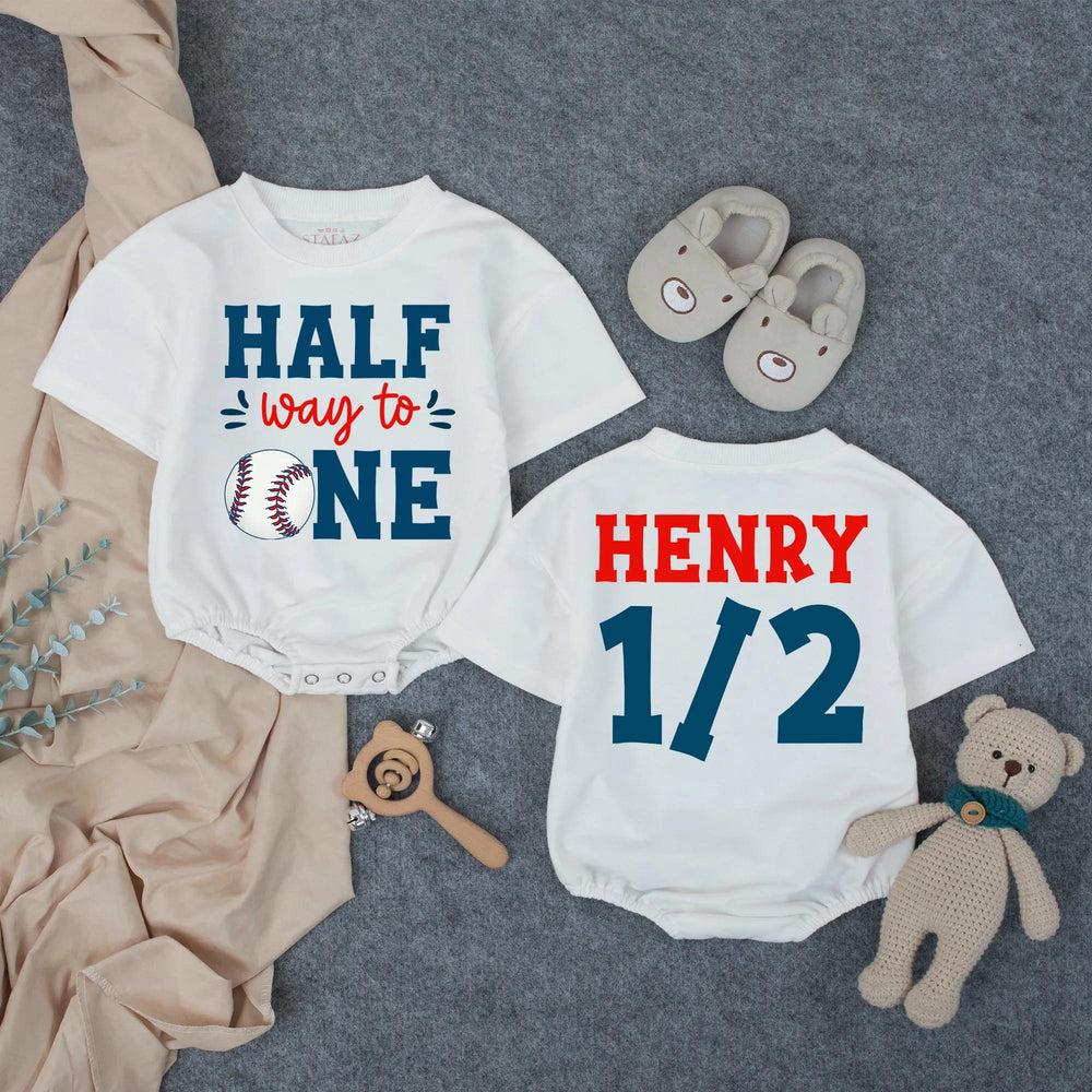 Customized Halfway to One Baseball Baby Romper with Name, Half Birthday Boy Outfit, Navy Red 6 Months Milestone Bodysuit Gift