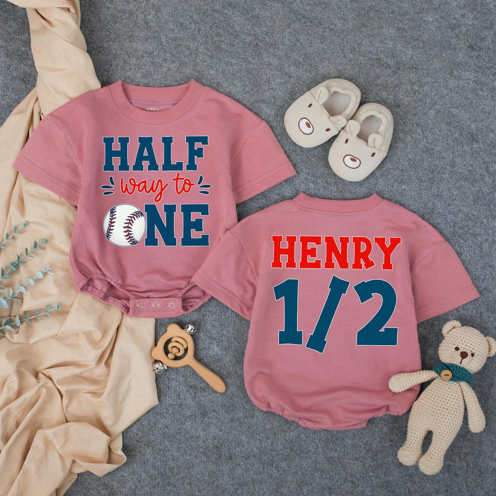 Customized Halfway to One Baseball Baby Romper with Name, Half Birthday Boy Outfit, Navy Red 6 Months Milestone Bodysuit Gift