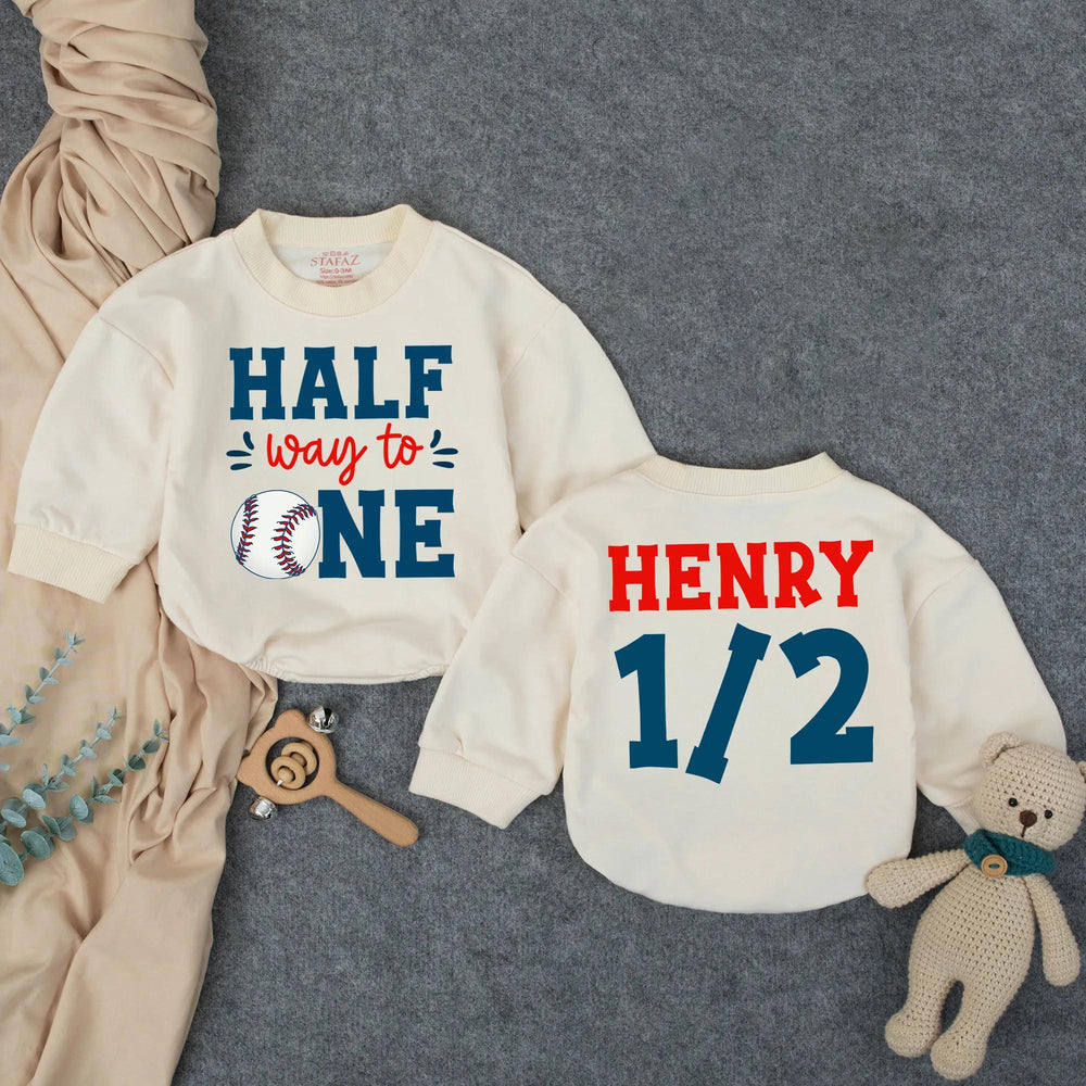 Customized Halfway to One Baseball Baby Romper with Name, Half Birthday Boy Outfit, Navy Red 6 Months Milestone Bodysuit Gift