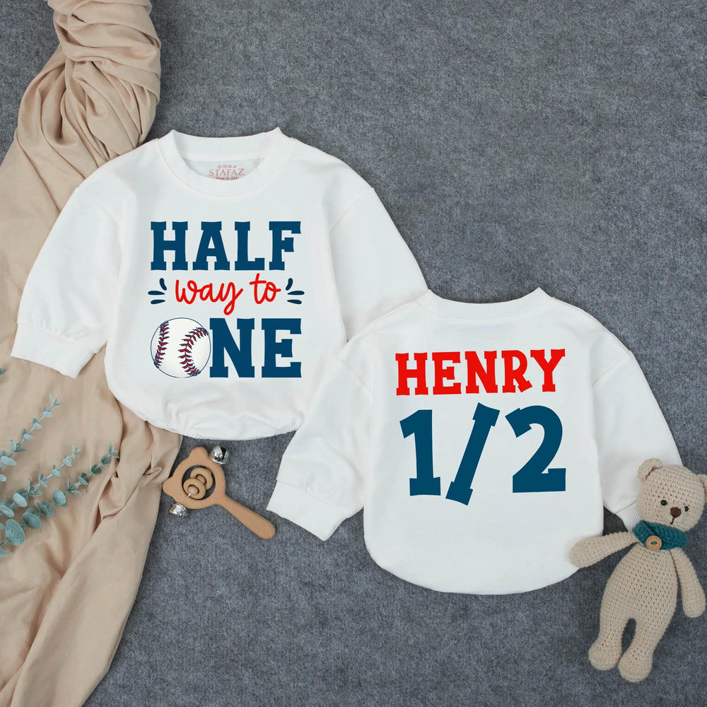 Customized Halfway to One Baseball Baby Romper with Name, Half Birthday Boy Outfit, Navy Red 6 Months Milestone Bodysuit Gift