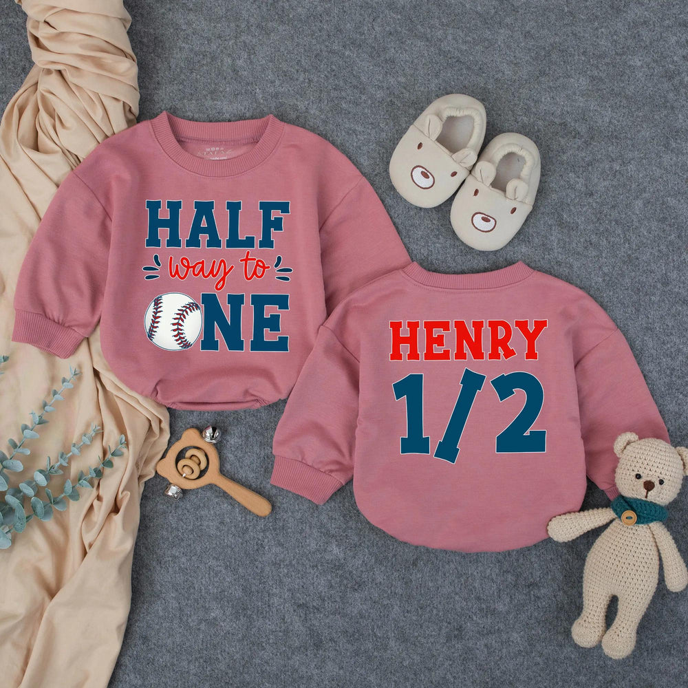 Customized Halfway to One Baseball Baby Romper with Name, Half Birthday Boy Outfit, Navy Red 6 Months Milestone Bodysuit Gift