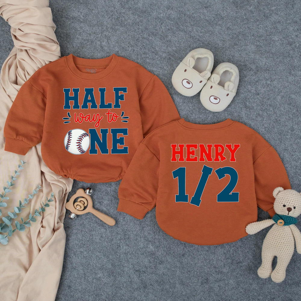 Customized Halfway to One Baseball Baby Romper with Name, Half Birthday Boy Outfit, Navy Red 6 Months Milestone Bodysuit Gift