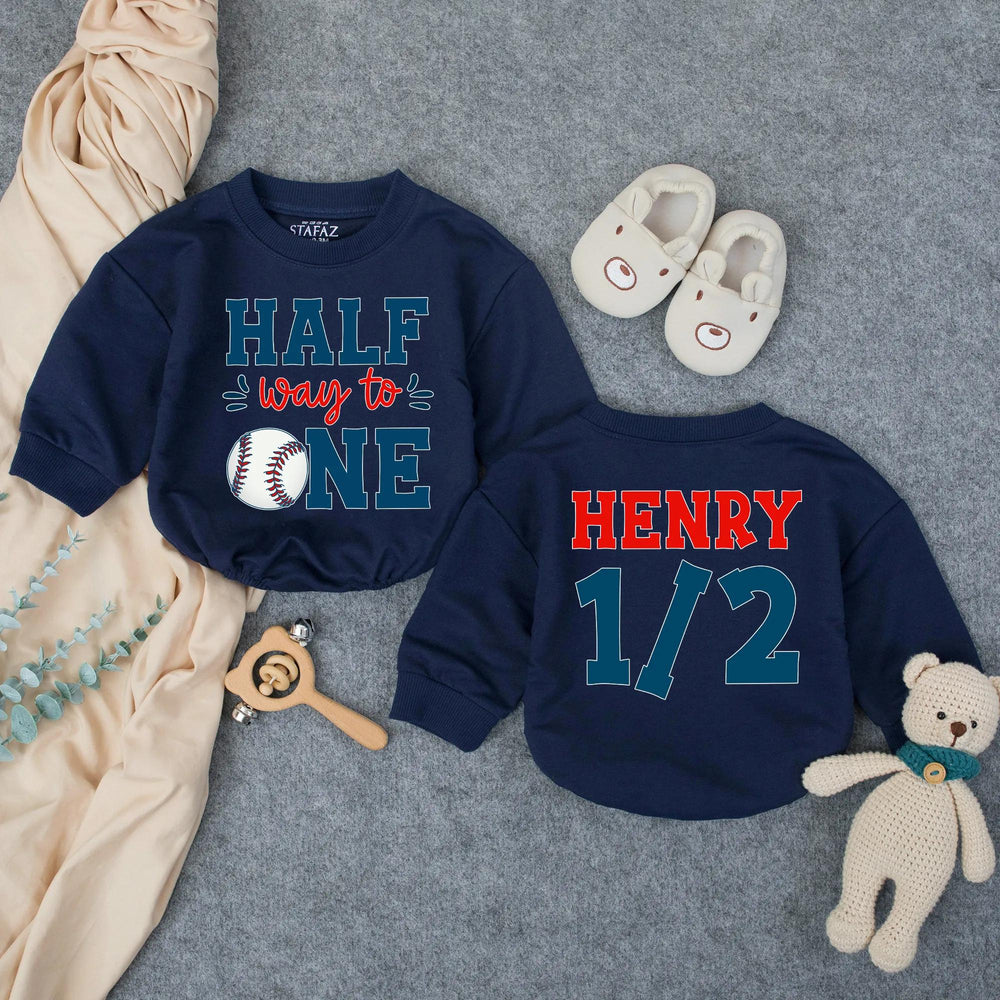 Customized Halfway to One Baseball Baby Romper with Name, Half Birthday Boy Outfit, Navy Red 6 Months Milestone Bodysuit Gift