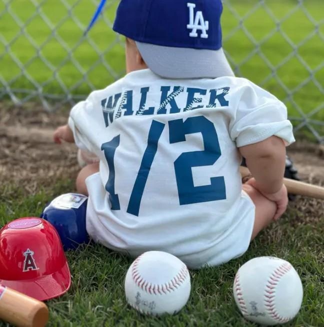 Customized Halfway to One Baseball Baby Romper with Name, Half Birthday Boy Outfit, Navy Red 6 Months Milestone Bodysuit Gift