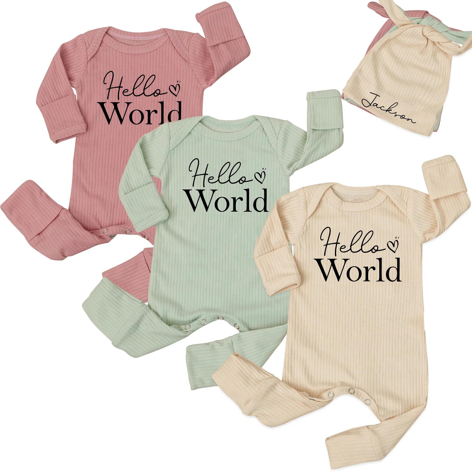 Customized Hello World Baby Bodysuit with Name on Hat, Neutral Coming Home Outfit for Newborns, Modern Script Design, Soft Cotton Gift