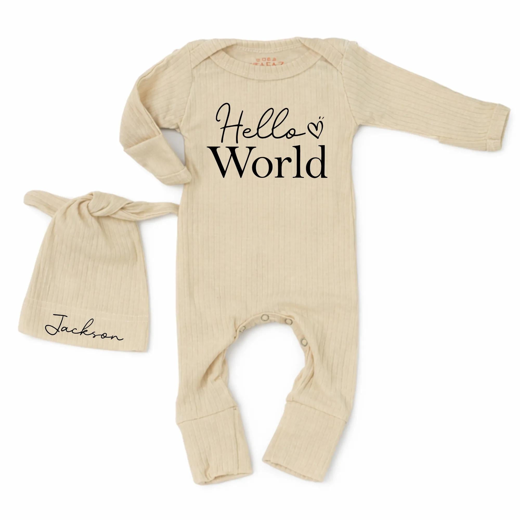 Customized Hello World Baby Bodysuit with Name on Hat, Neutral Coming Home Outfit for Newborns, Modern Script Design, Soft Cotton Gift