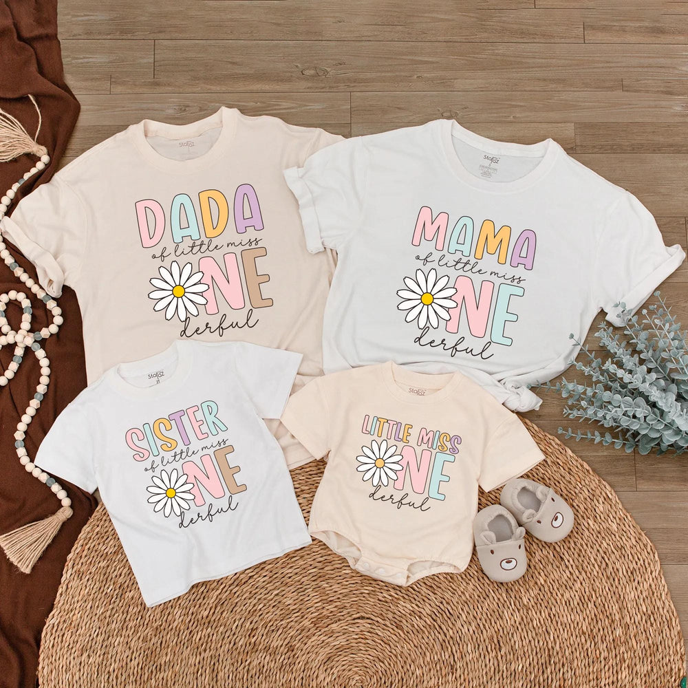 Customized Little Miss Onederful First Birthday Shirts with Daisy Flower Design, Family Matching Outfits, Soft Cotton 1st Birthday Tees