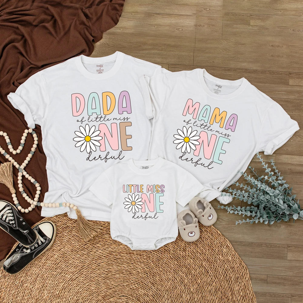 Customized Little Miss Onederful First Birthday Shirts with Daisy Flower Design, Family Matching Outfits, Soft Cotton 1st Birthday Tees