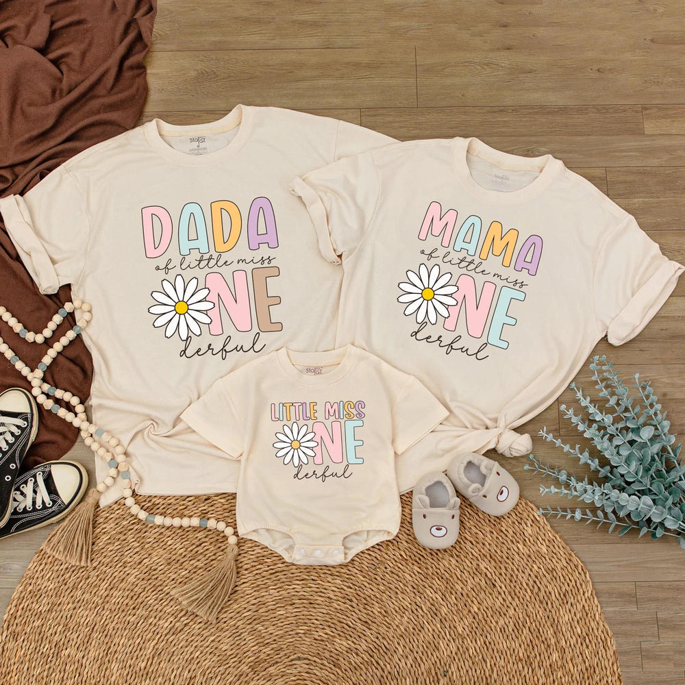 Customized Little Miss Onederful First Birthday Shirts with Daisy Flower Design, Family Matching Outfits, Soft Cotton 1st Birthday Tees