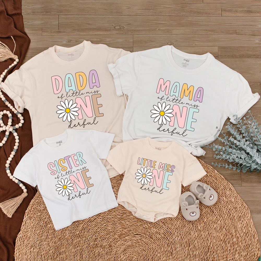 Customized Little Miss Onederful First Birthday Shirts with Daisy Flower Design, Family Matching Outfits, Soft Cotton 1st Birthday Tees