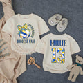 Customized Little Sister Biggest Fan Volleyball Romper Baby Girl Outfit with Name and Number, Game Day Infant Clothes Royal Blue Yellow