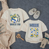 Customized Little Sister Biggest Fan Volleyball Romper Baby Girl Outfit with Name and Number, Game Day Infant Clothes Royal Blue Yellow