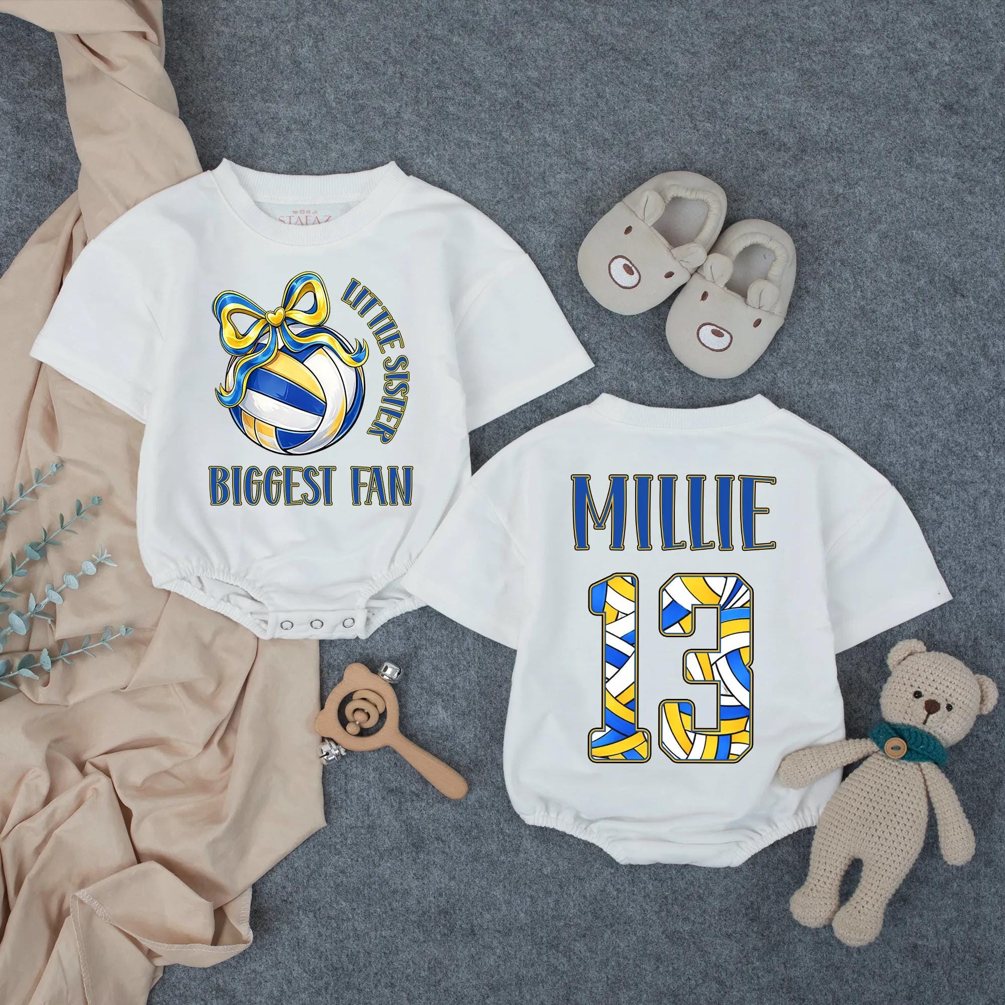 Customized Little Sister Biggest Fan Volleyball Romper Baby Girl Outfit with Name and Number, Game Day Infant Clothes Royal Blue Yellow