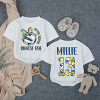 Customized Little Sister Biggest Fan Volleyball Romper Baby Girl Outfit with Name and Number, Game Day Infant Clothes Royal Blue Yellow