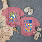 Customized Little Sister Biggest Fan Volleyball Romper Baby Girl Outfit with Name and Number, Game Day Infant Clothes Royal Blue Yellow