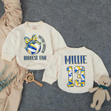 Customized Little Sister Biggest Fan Volleyball Romper Baby Girl Outfit with Name and Number, Game Day Infant Clothes Royal Blue Yellow