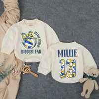 Customized Little Sister Biggest Fan Volleyball Romper Baby Girl Outfit with Name and Number, Game Day Infant Clothes Royal Blue Yellow