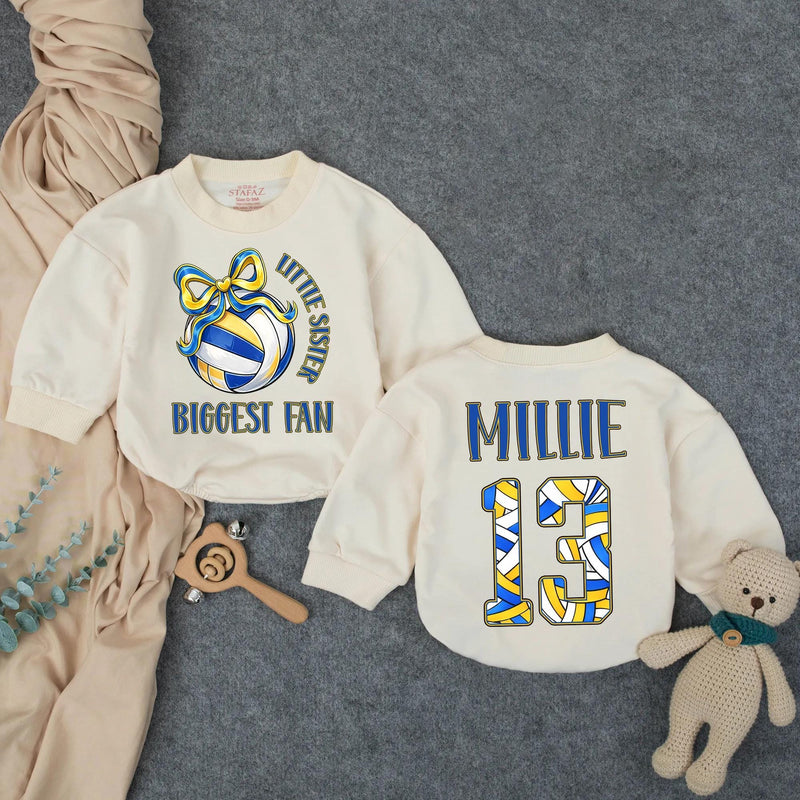 Customized Little Sister Biggest Fan Volleyball Romper Baby Girl Outfit with Name and Number, Game Day Infant Clothes Royal Blue Yellow