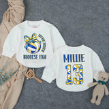 Customized Little Sister Biggest Fan Volleyball Romper Baby Girl Outfit with Name and Number, Game Day Infant Clothes Royal Blue Yellow