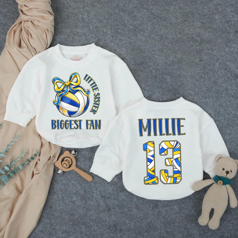 Customized Little Sister Biggest Fan Volleyball Romper Baby Girl Outfit with Name and Number, Game Day Infant Clothes Royal Blue Yellow