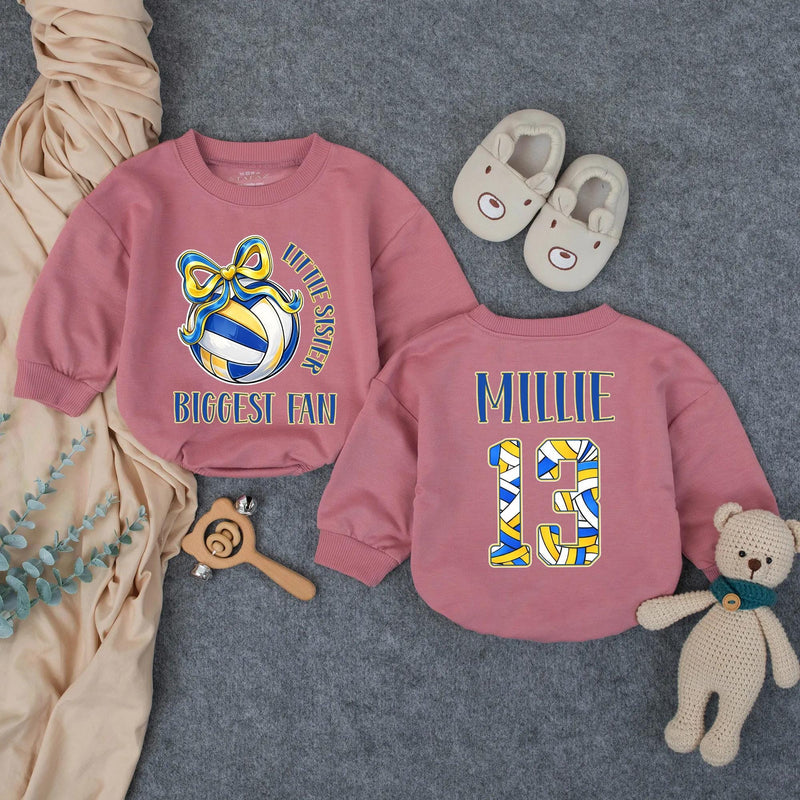 Customized Little Sister Biggest Fan Volleyball Romper Baby Girl Outfit with Name and Number, Game Day Infant Clothes Royal Blue Yellow