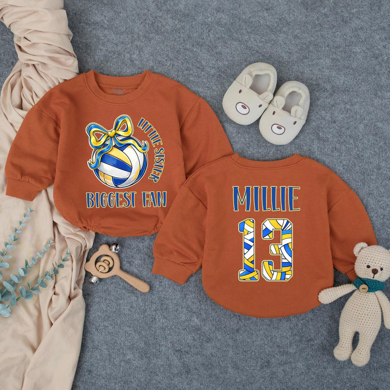 Customized Little Sister Biggest Fan Volleyball Romper Baby Girl Outfit with Name and Number, Game Day Infant Clothes Royal Blue Yellow
