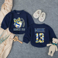 Customized Little Sister Biggest Fan Volleyball Romper Baby Girl Outfit with Name and Number, Game Day Infant Clothes Royal Blue Yellow