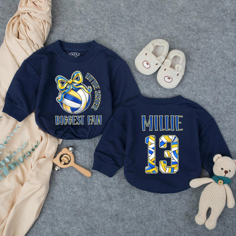 Customized Little Sister Biggest Fan Volleyball Romper Baby Girl Outfit with Name and Number, Game Day Infant Clothes Royal Blue Yellow