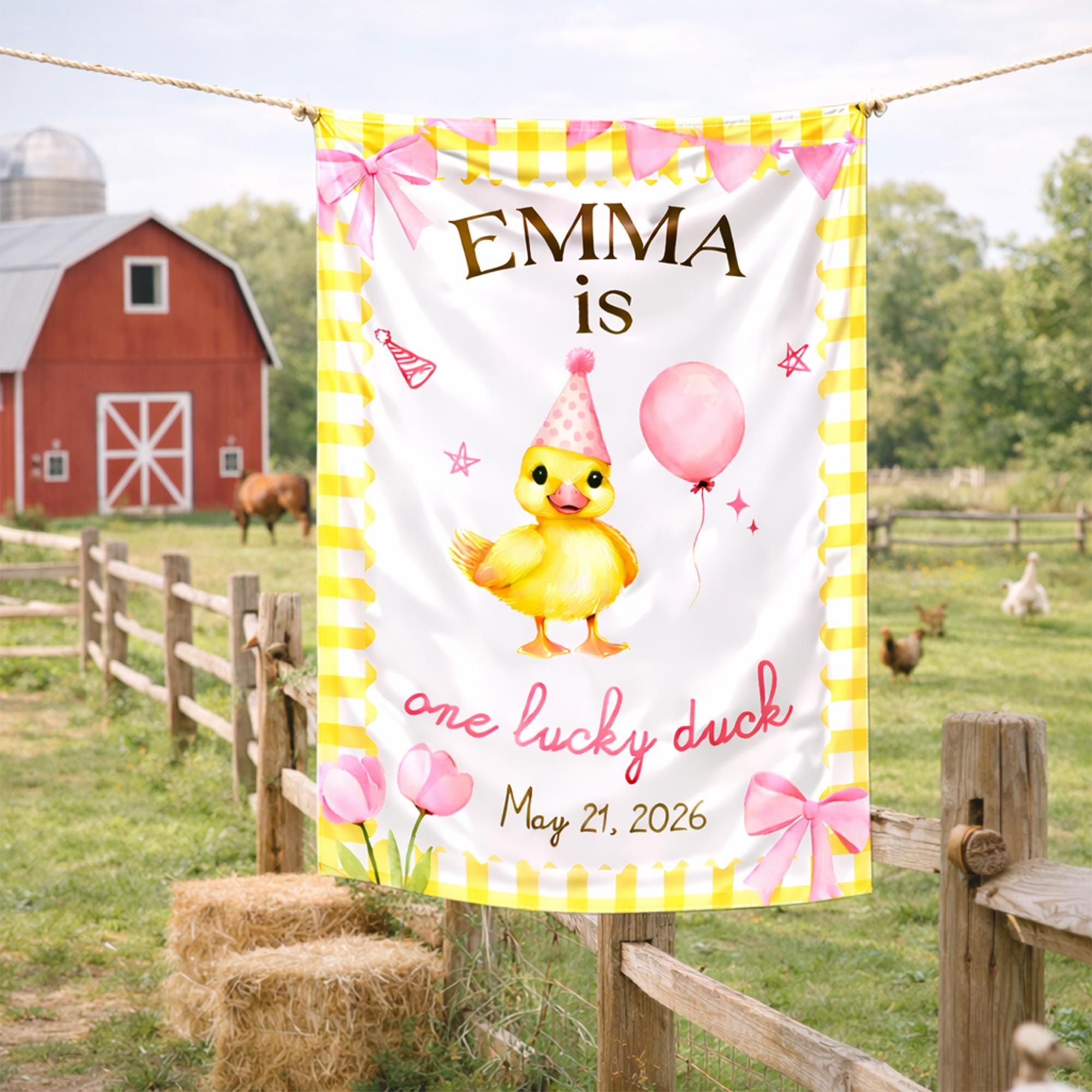 Customized Lucky Duck 1st Birthday Silk Banner with Emma's Name, Yellow Duck Party Backdrop Pink Gingham Bow Decoration for May 21, 2026